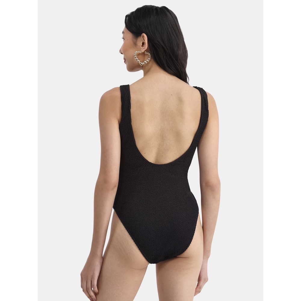 No Boundaries Crinkle High Leg One Piece Swimsuit Black XS Minimalist Beach